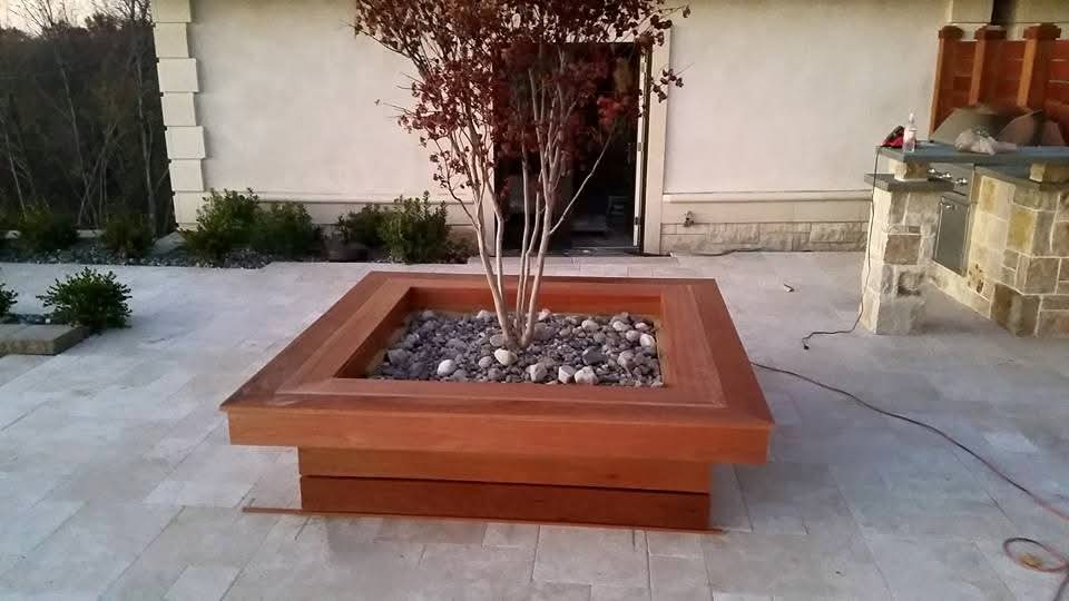 Finished mahogany planter box with Japanese maple tree